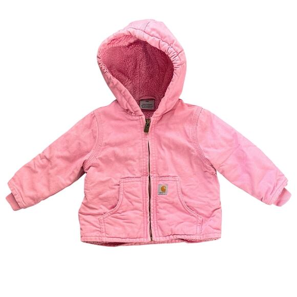 Carhartt Girls Pink Coat Duck Canvas Sherpa Lined Hooded Jacket Size 12 months - Picture 1 of 7
